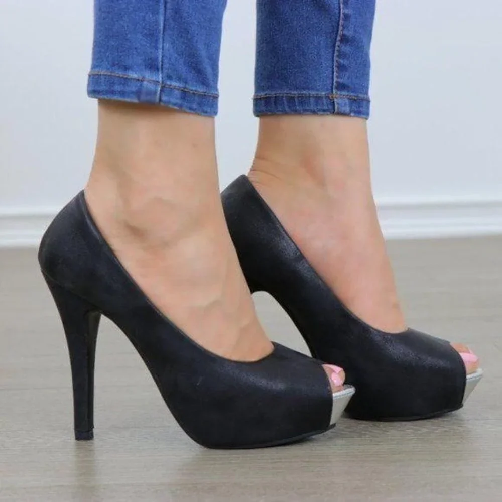 Sexy Black Metallic Peep Toe Platform High Heels - Picture 8 of 9